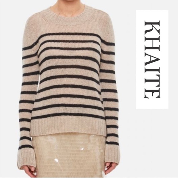 KHAITE Tilda Striped Cashmere Sweater Ribbed Fisherman Ecru Black Small EUC